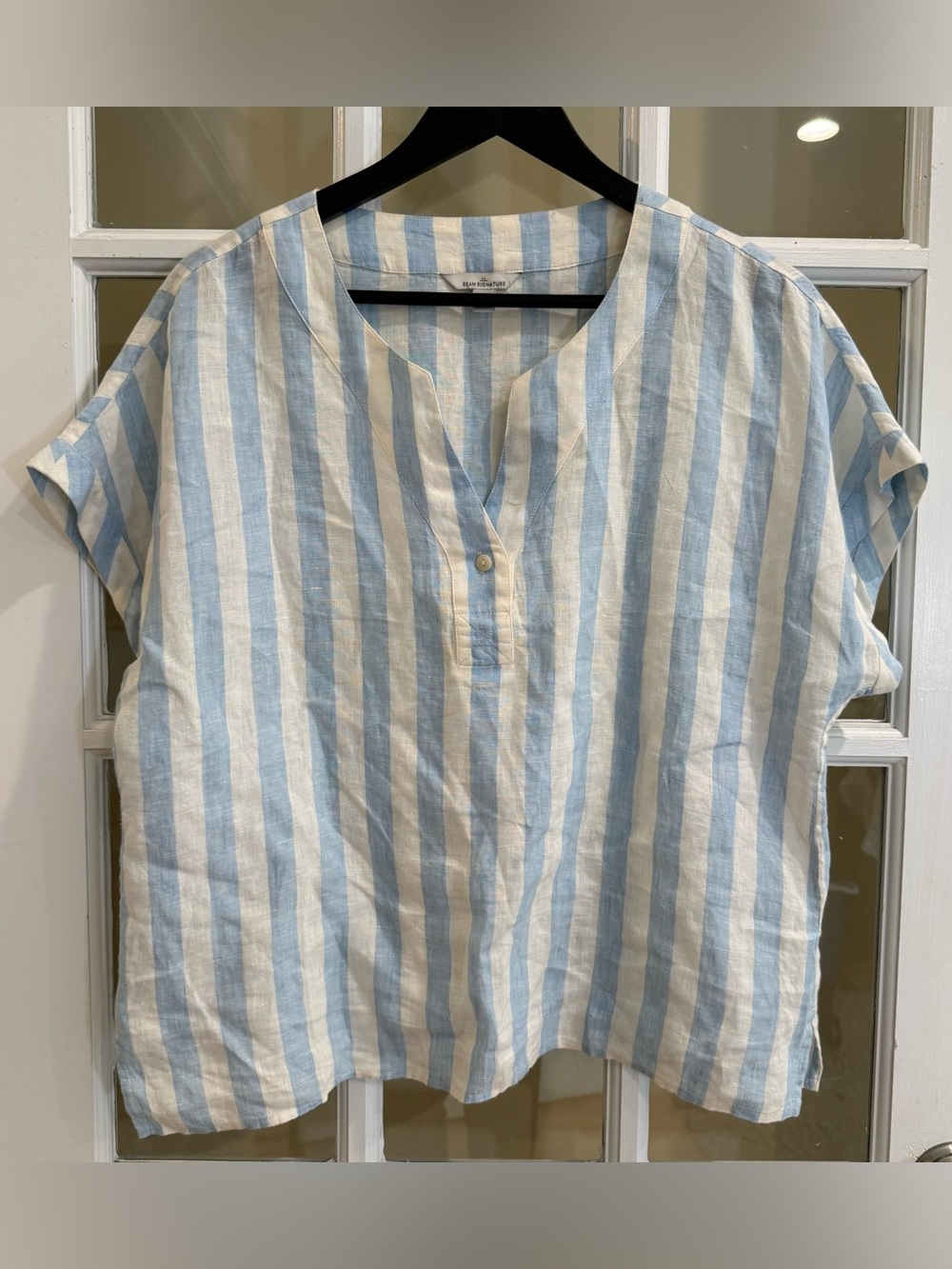 LL Bean Signature Linen Split-Neck Shirt, Novelty, Short-Sleeve Surf Blue